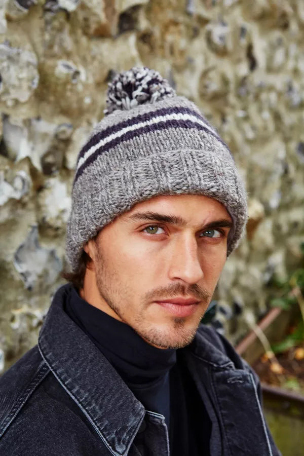 Retro Stripe Bobble Beanie Grey