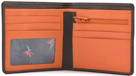 Hudson Brown And Orange Men's Slim Leather Wallet with Coin Pocket and RFI