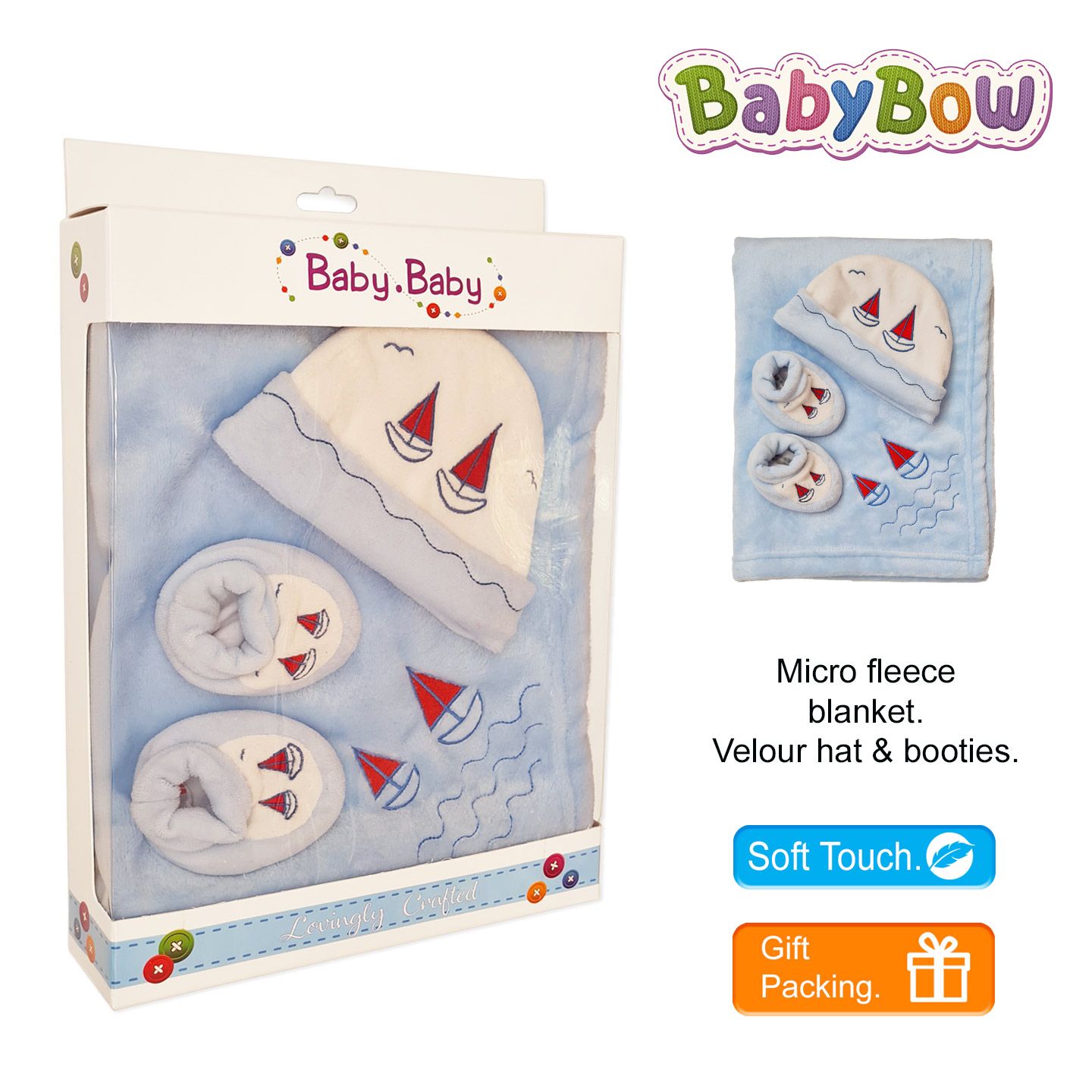 Baby Boy Hat & Booties With Matching Blanket In A Gift Box