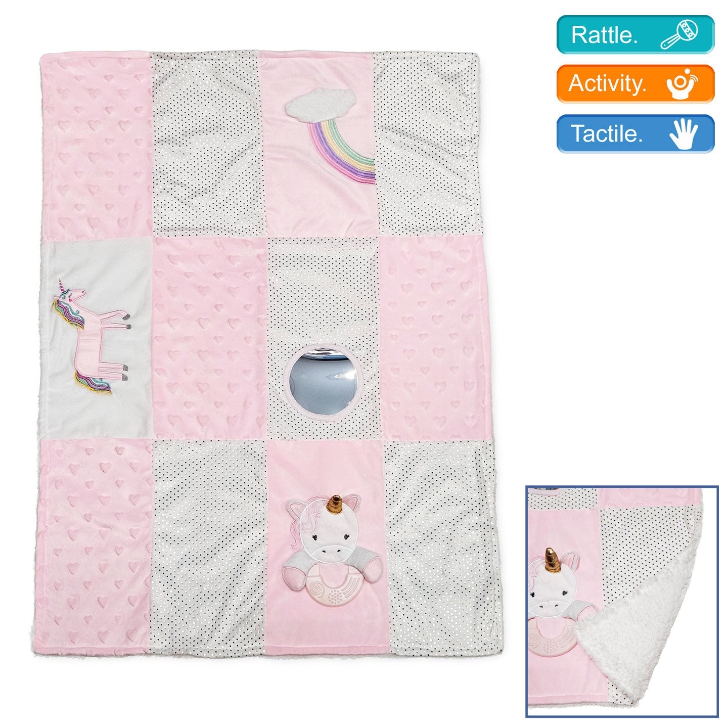 Snuggly baby pink activity blanket.