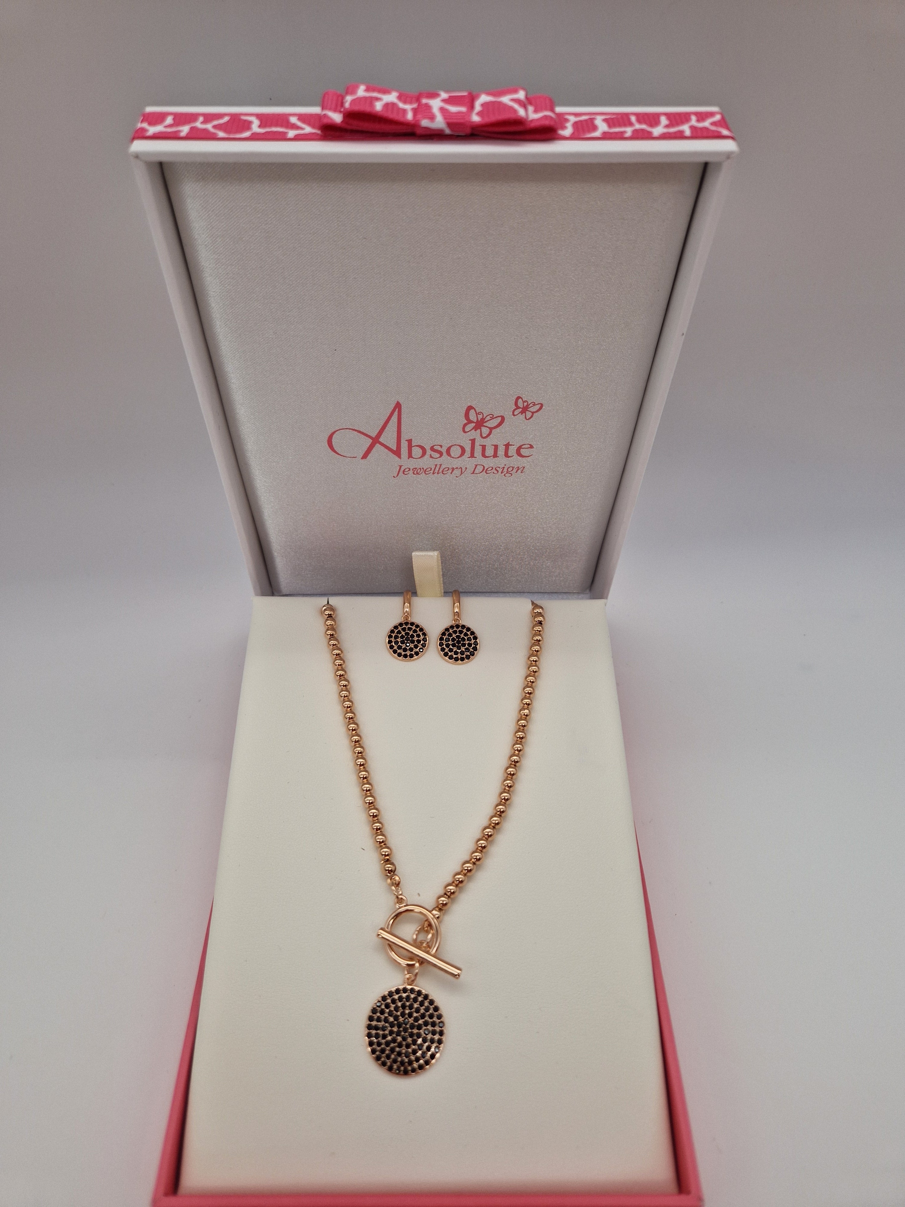 Absolute Rose Gold And  Black Stones Pendant And Earrings Set