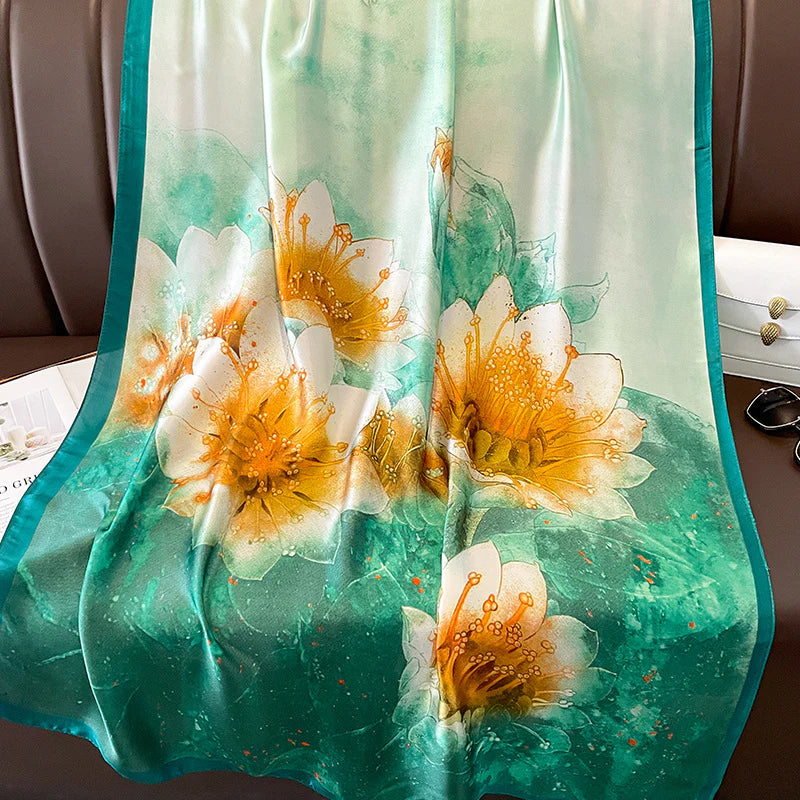 Long Silk-Feel Green Orange Flower Scarf