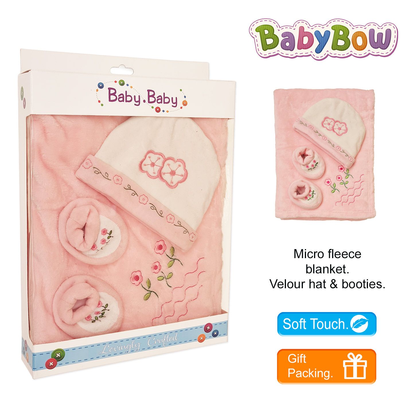 Baby Girl Hat & Booties With Matching Blanket In A Gift Box