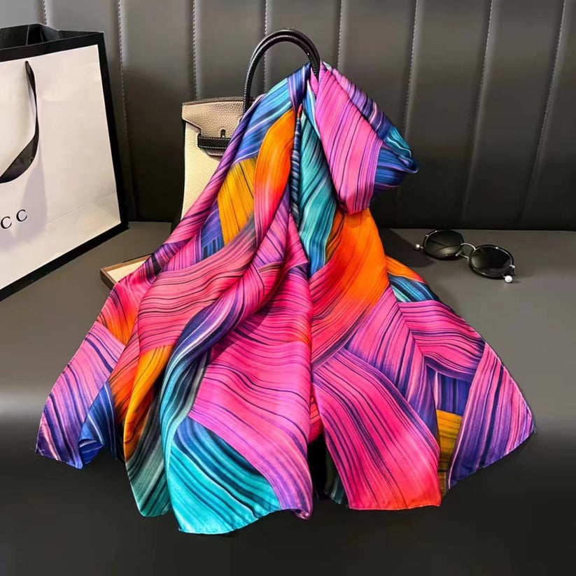 Long Silk-Feel Pink Multi-coloured Scarf