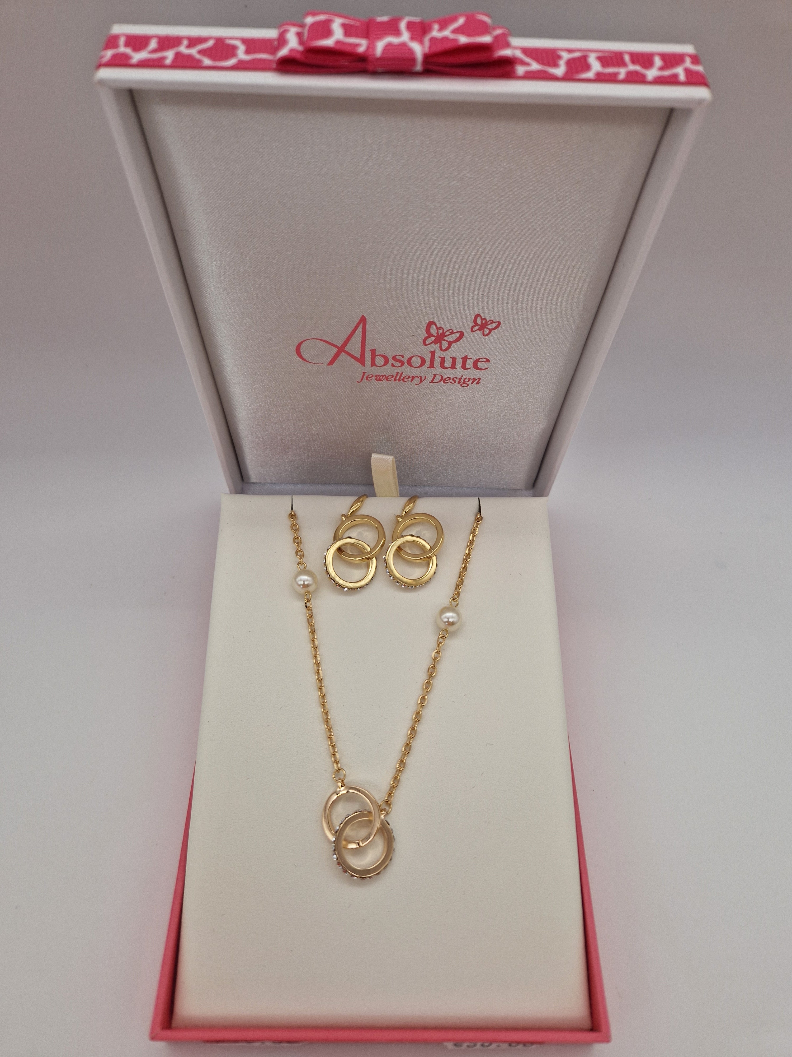 Absolute Gold Double Disc Pearl Pendant And Earring Set