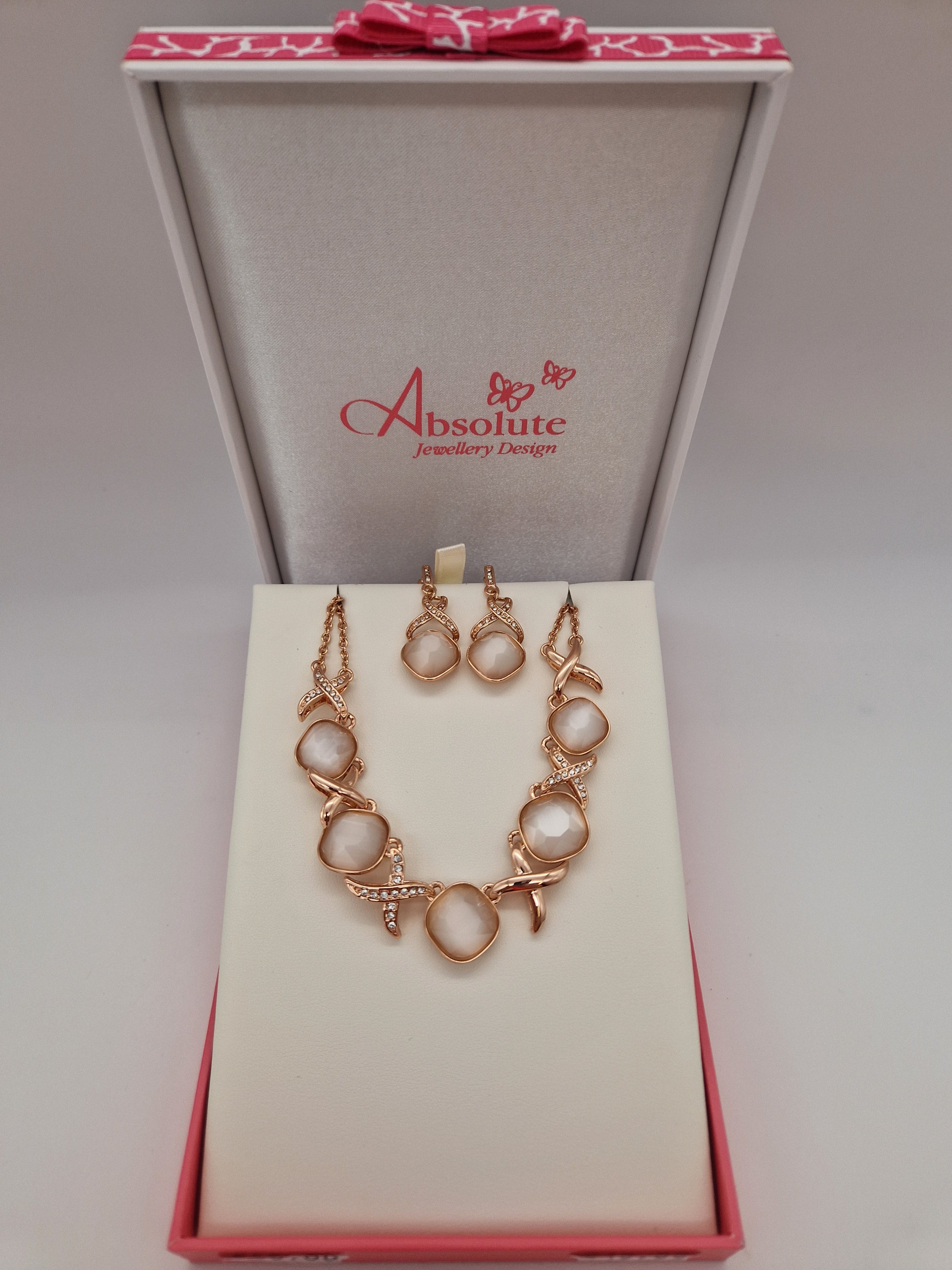 Absolute Rose Gold Pale Pink Stone Pendant And Earring Set