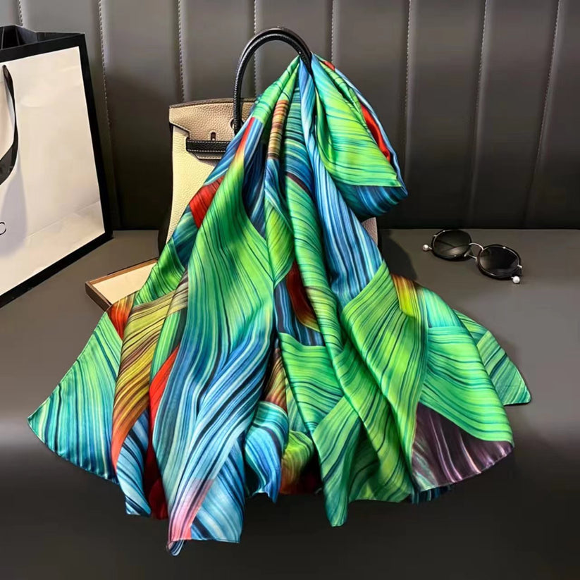 Long Silk-Feel Green Multi-Coloured Scarf