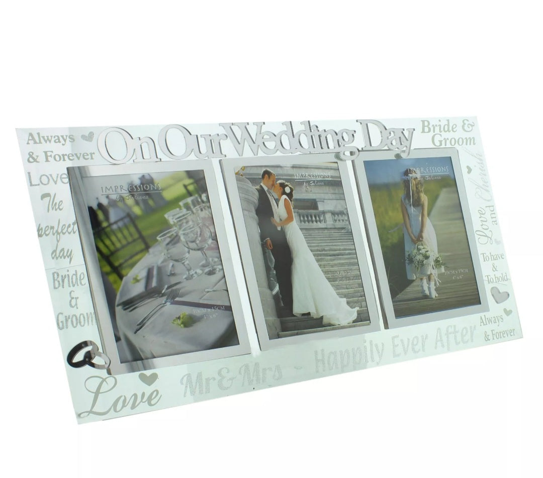 Mirror 3D Words Wedding Triple Photo Frame