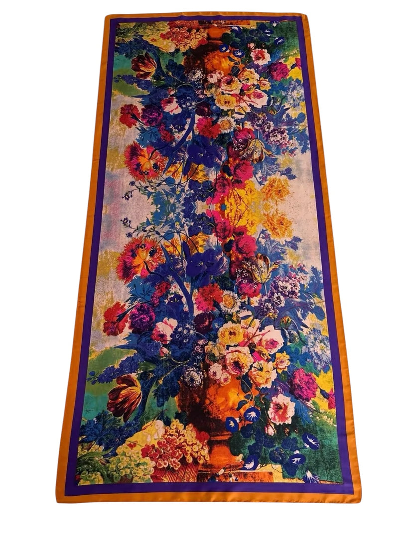 Long Silk-Feel Purple Orange Flower Scarf