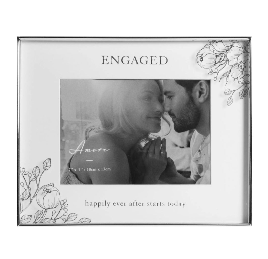 Silver Foil Floral Detail Frame 7" x 5" Engaged Happlily..