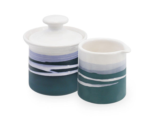 PAUL MALONEY POTTERY TEAL MILKER & SUGAR BOWL