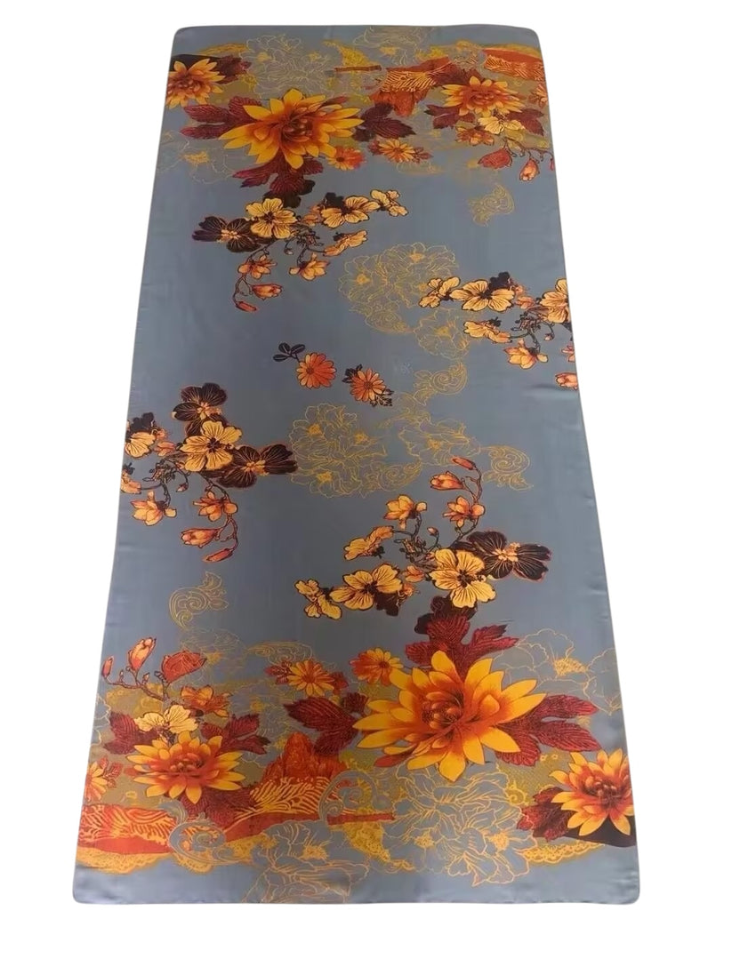 Long Silk-Feel Grey Orange Flower Scarf