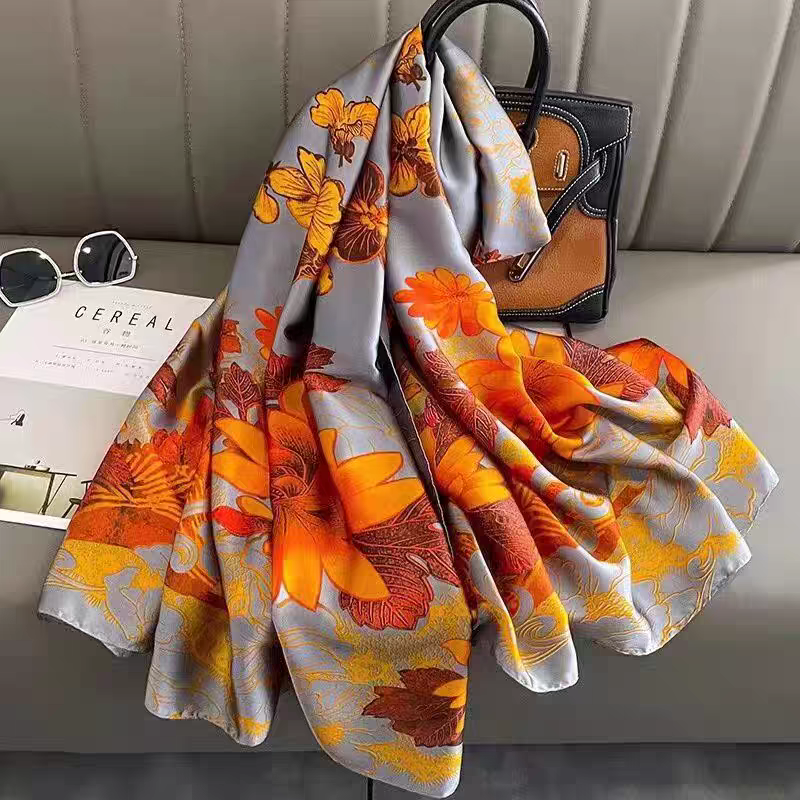 Long Silk-Feel Grey Orange Flower Scarf