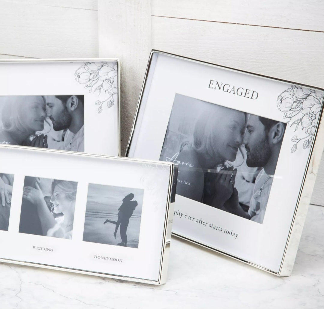 Silver Foil Floral Detail Frame 7" x 5" Engaged Happlily..