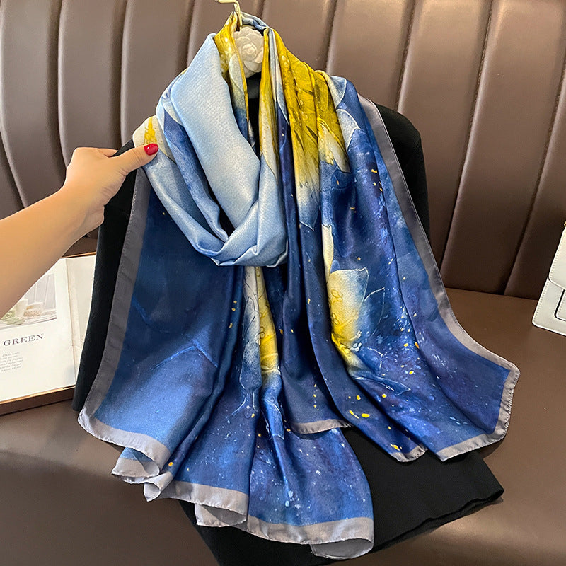Long Silk-Feel Blue Yellow Flower Scarf