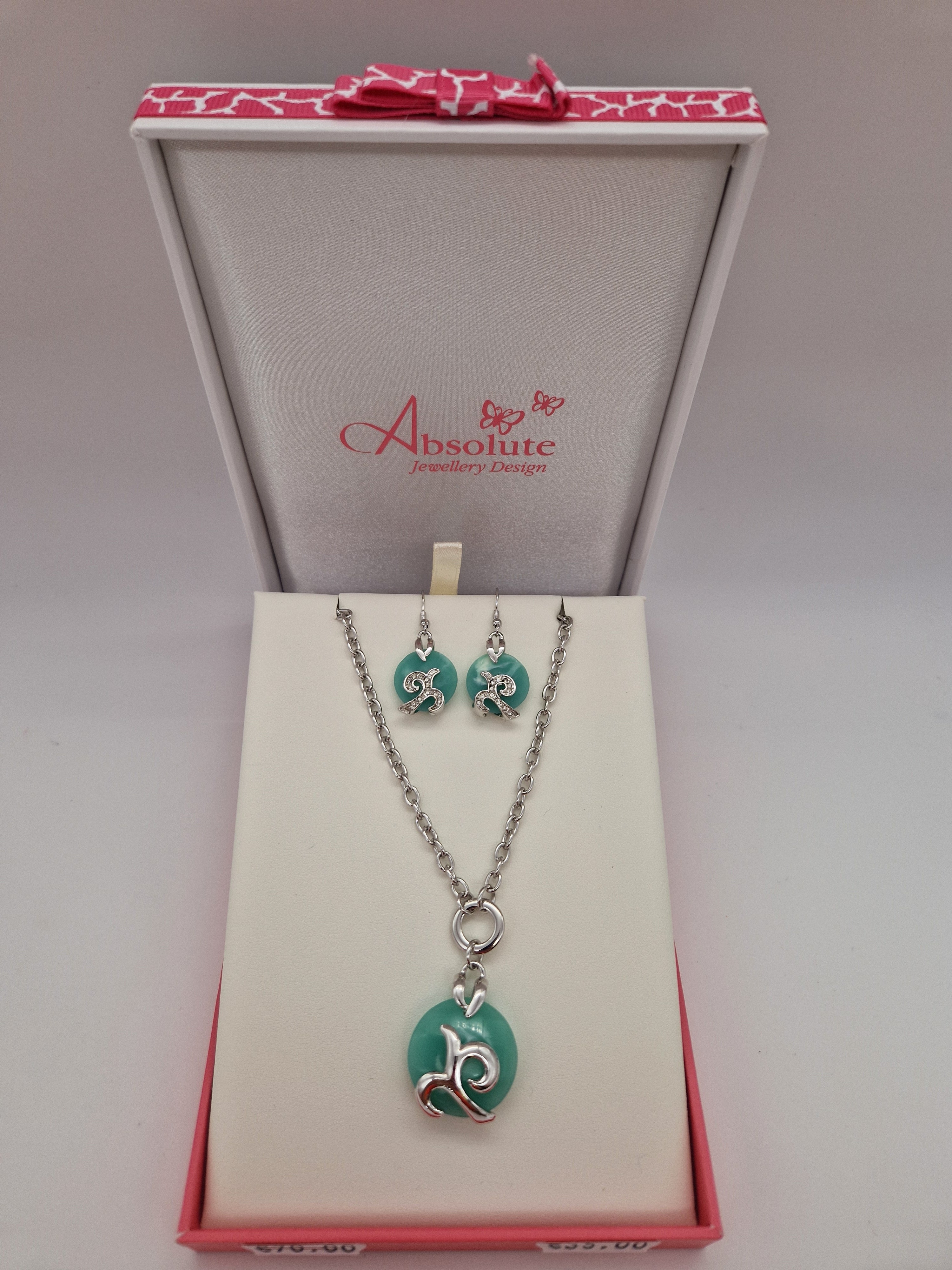 Absolute Silver Aqua Long Pendant And Earrings Set