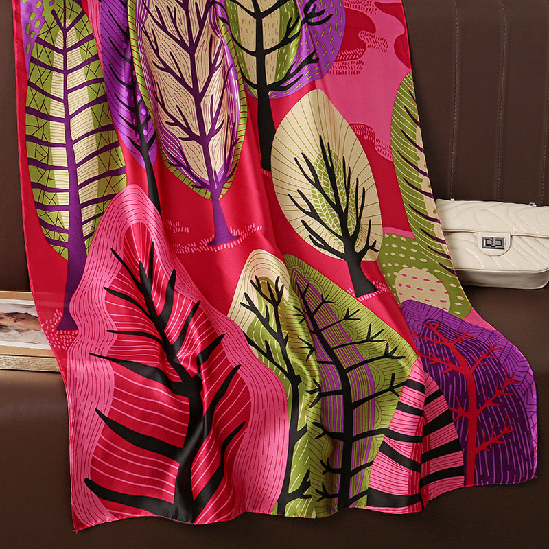 Long Silk-Feel Multi-coloured Tree Scarf