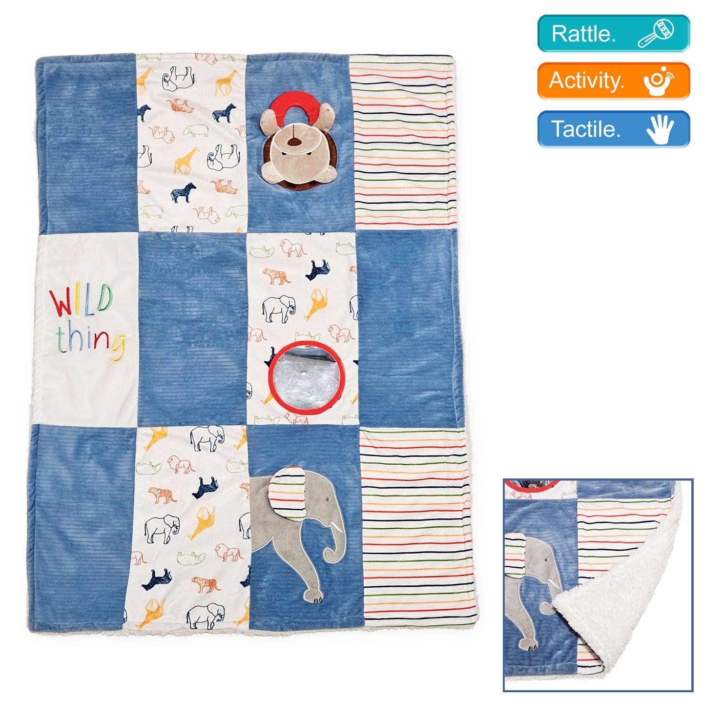 Snuggly baby blue activity blanket.