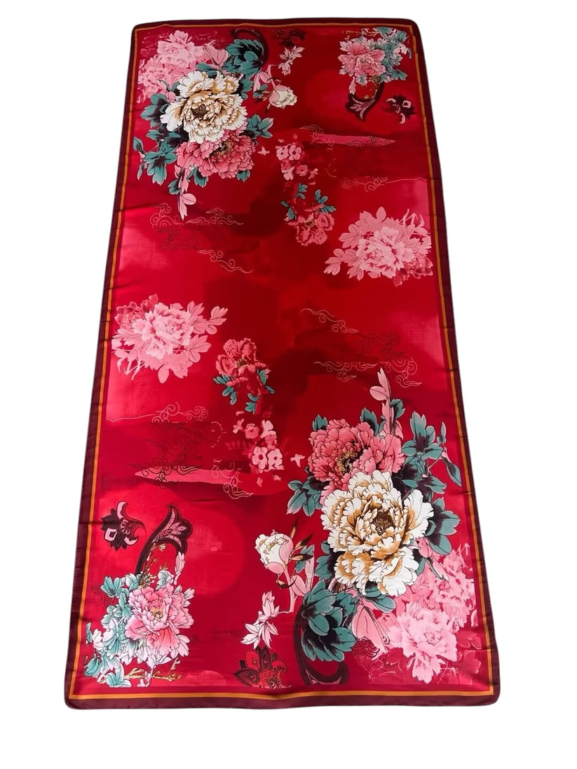 Long Silk-Feel Red Pink Flower Scarf