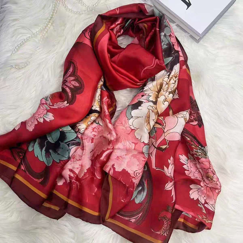Long Silk-Feel Red Pink Flower Scarf