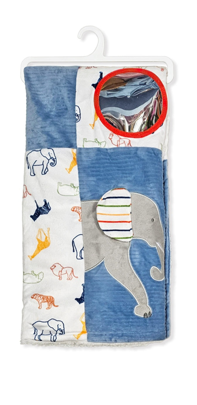 Snuggly baby blue activity blanket.