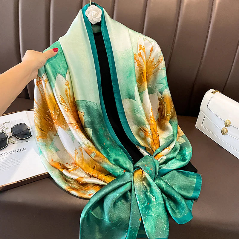 Long Silk-Feel Green Orange Flower Scarf