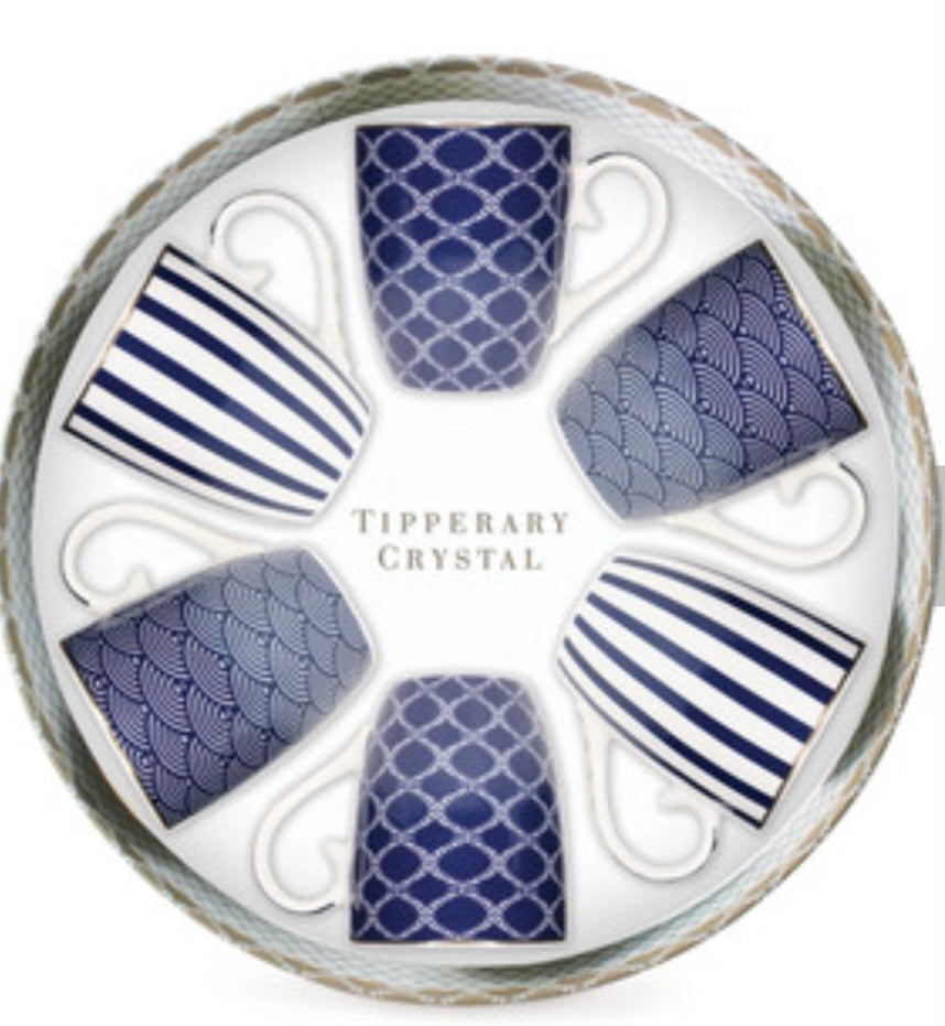 Tipperary Crystal Navy Blue Stripe, Net & Rainbow Set of 6 Mugs