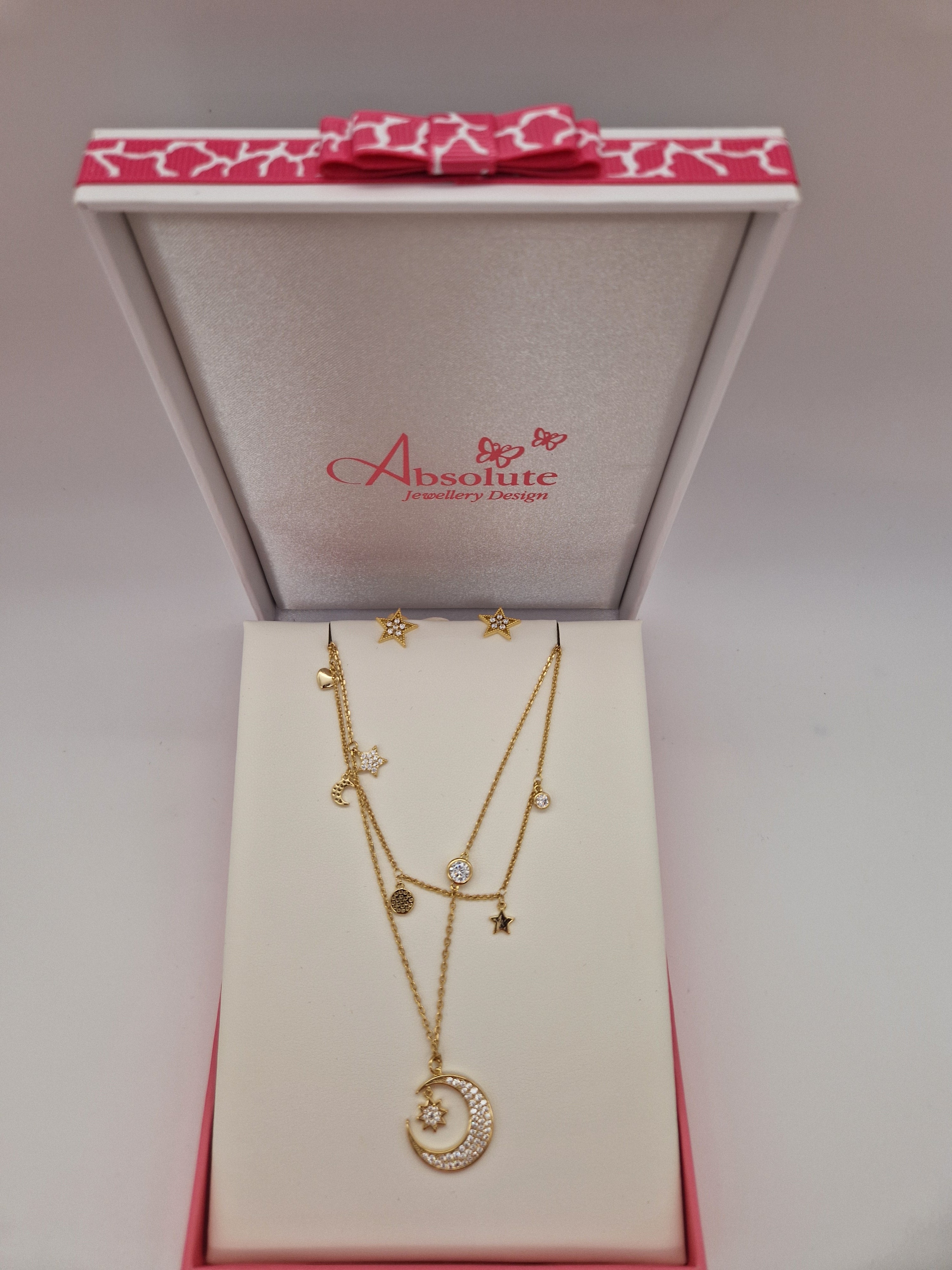 Absolute Gold Moon And Stars Double Layered Pendant And Stud Earring Set