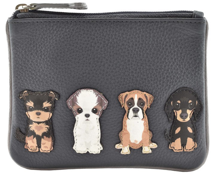 Best Friends Grey Leather Sitting Dogs Coin Pouch RFID