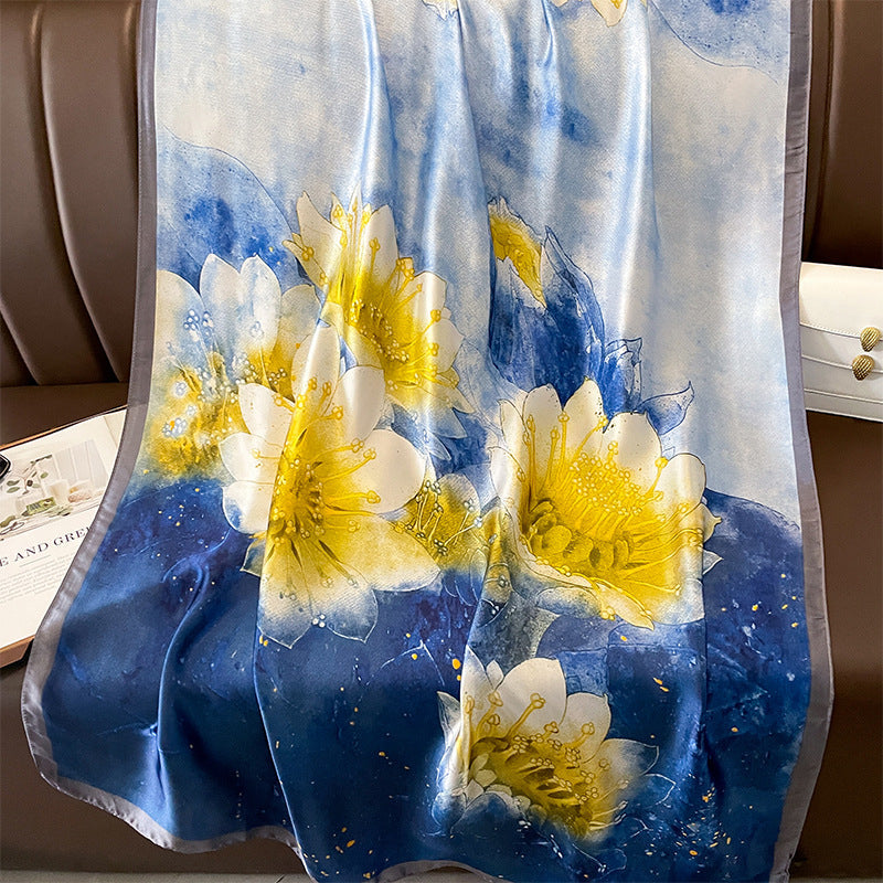 Long Silk-Feel Blue Yellow Flower Scarf