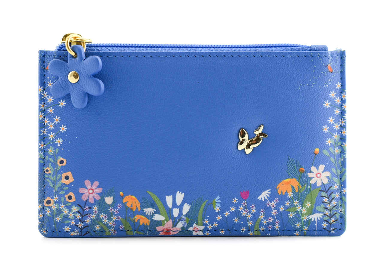 Shiloh Blue Leather Card & Coin Purse With Flowers And Butterfly