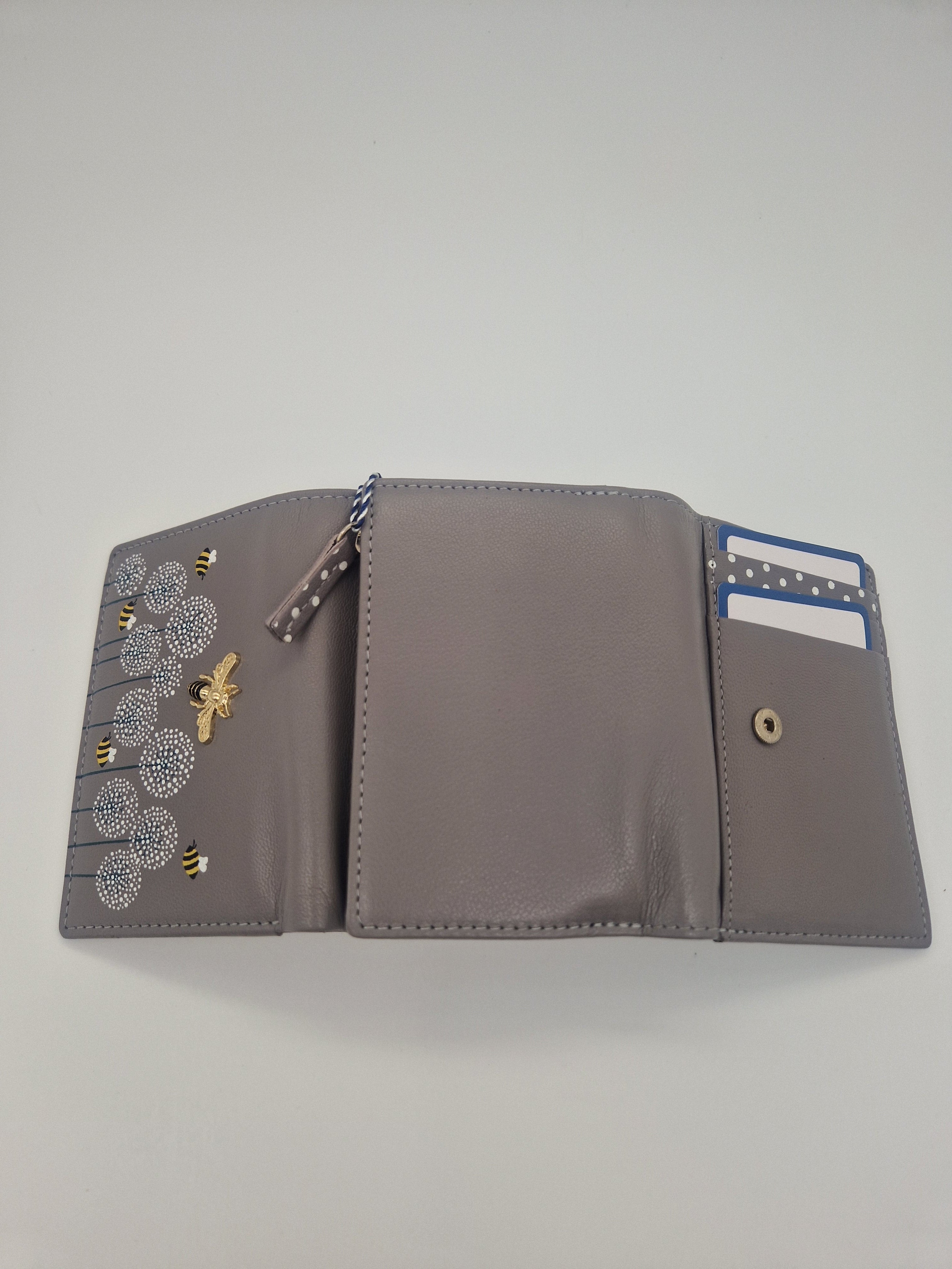 Moonflower Grey Leather Tri Fold Bee Purse