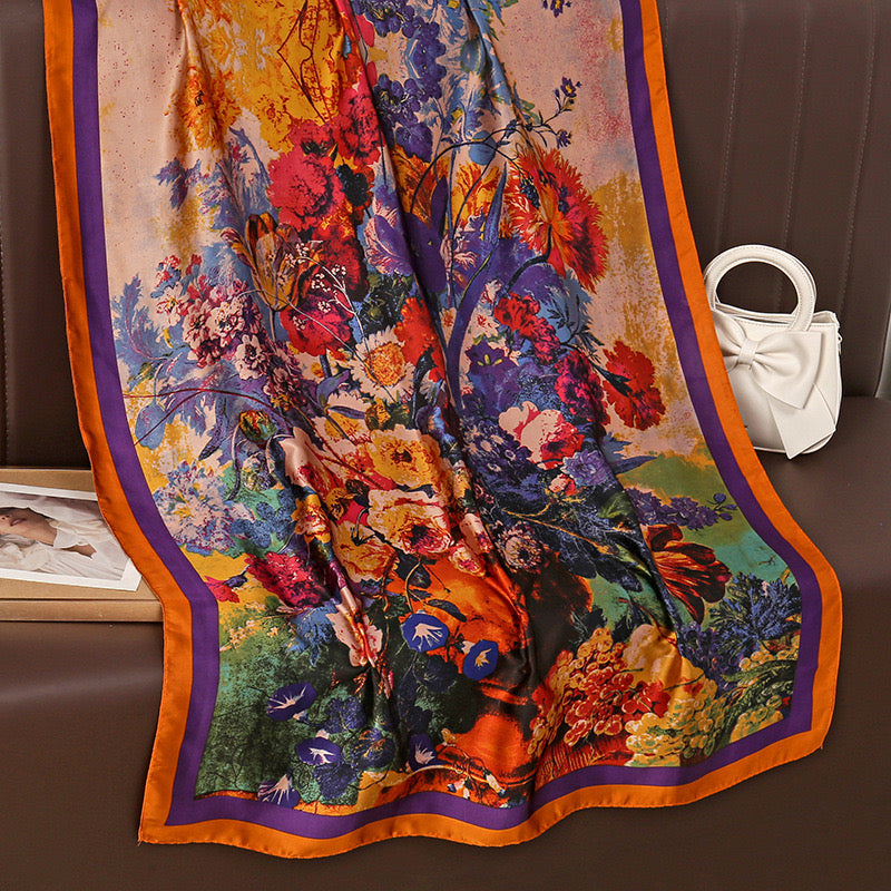 Long Silk-Feel Purple Orange Flower Scarf