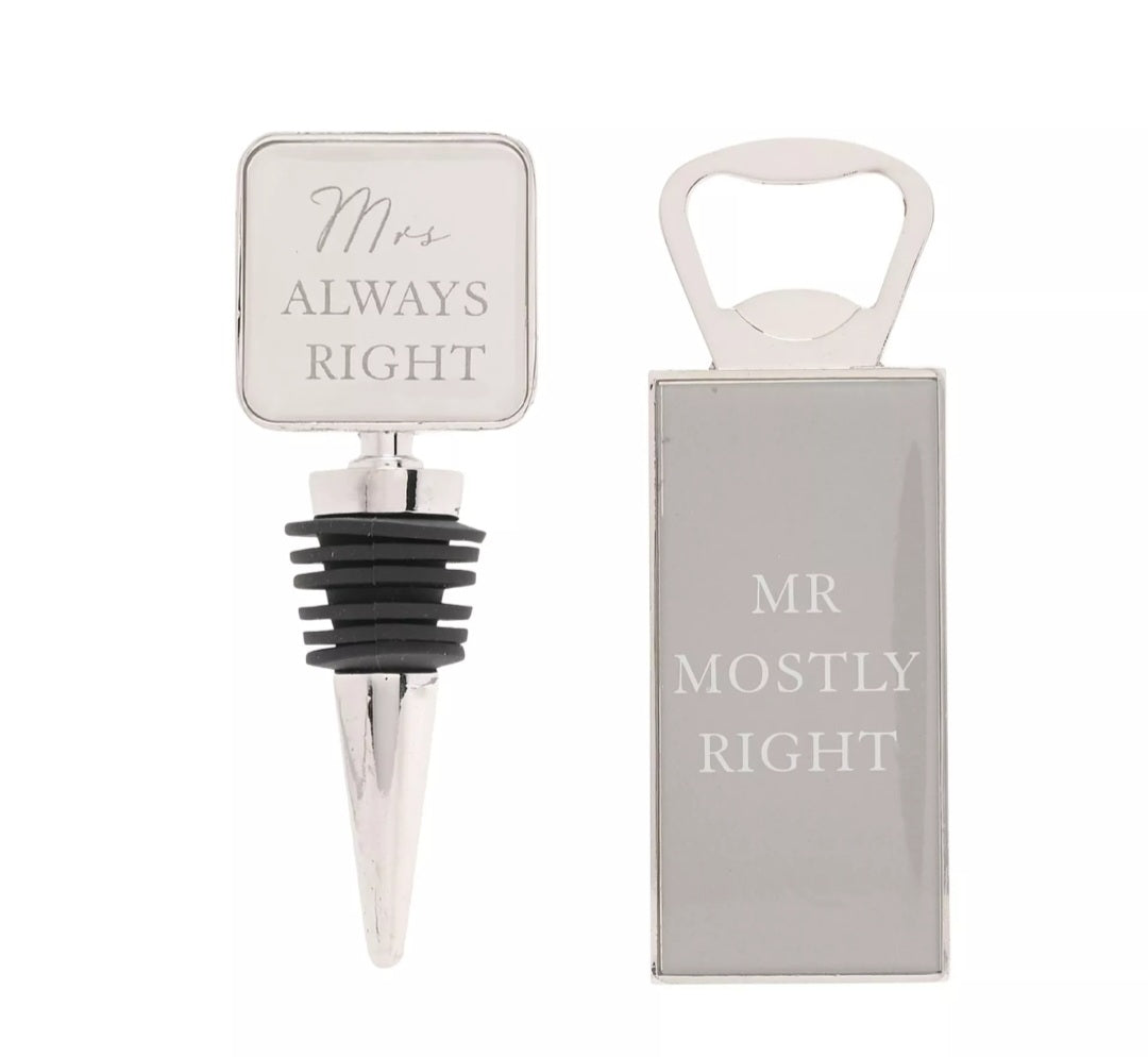 Amore Mr & Mrs Bottle Stop and Opener Set