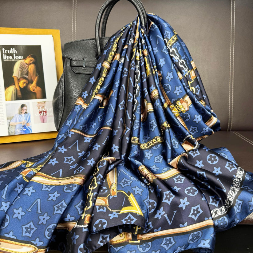 Long Silk-Feel Navy Blue Gold Scarf