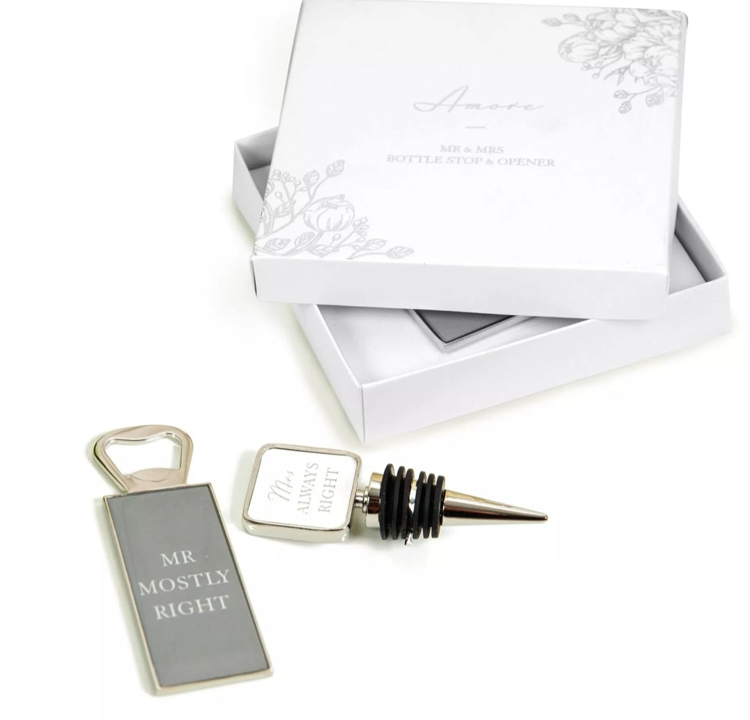 Amore Mr & Mrs Bottle Stop and Opener Set
