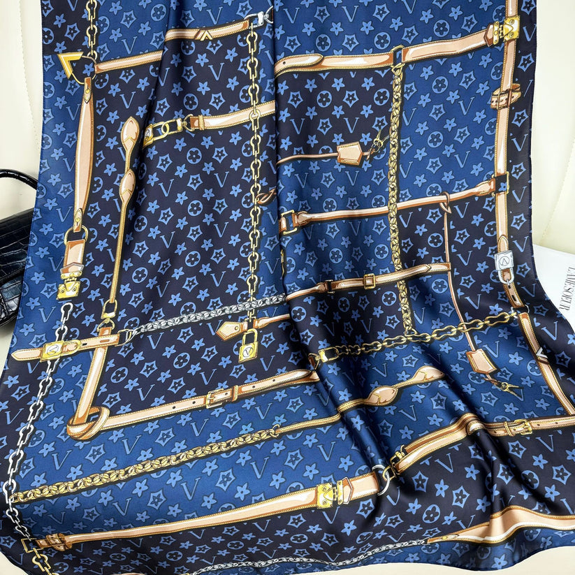 Long Silk-Feel Navy Blue Gold Scarf