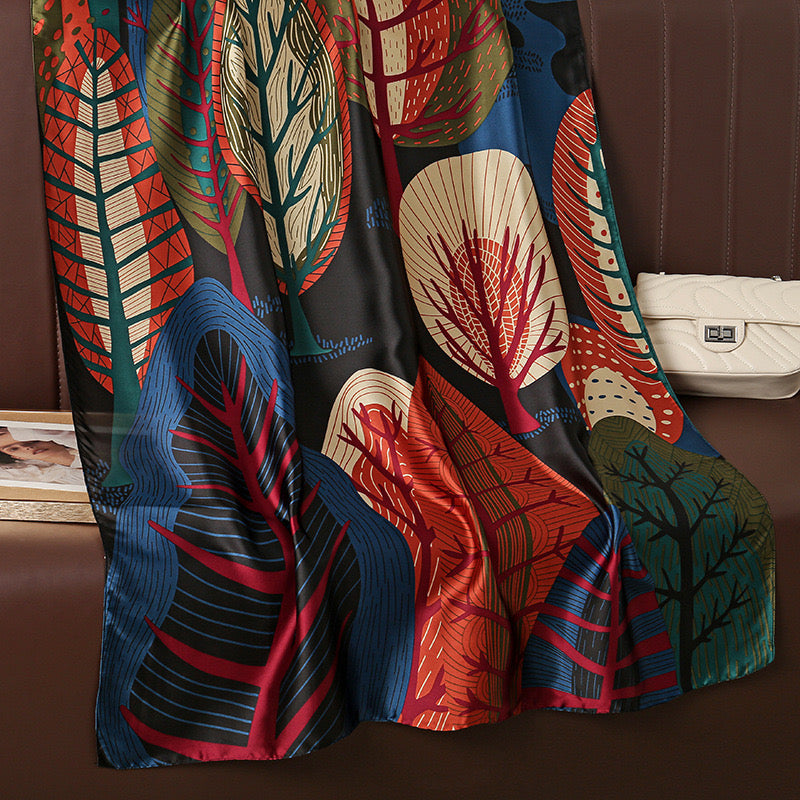 Long Silk-Feel Multi-Coloured Tree Scarf